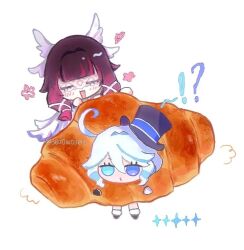  !? 2girls 303owo303 ahoge black_hair blue_eyes blue_hair blush bread chibi chibi_only closed_eyes columbina_(genshin_impact) dress eye_mask floating food furina_(genshin_impact) genshin_impact hair_ornament hat head_wings heterochromia holding_bread long_hair mask multicolored_hair multiple_girls multiple_wings open_mouth purple_hair purple_streaks smile star_(symbol) streaked_hair twitter_username two-tone_hair white_dress white_hair white_wings wing_hair_ornament wings 