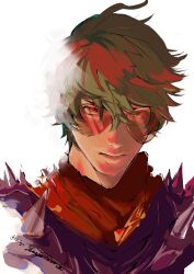  03_kyv 1boy artist_name black_jacket closed_mouth commentary green_hair hair_between_eyes highres jacket lighter_(zenless_zone_zero) looking_at_viewer male_focus portrait red_scarf scarf short_hair shoulder_spikes simple_background solo spiked_jacket spikes sunglasses twitter_username untranslatable_commentary white_background zenless_zone_zero 