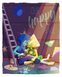  2girls artist_name blonde_hair blue_hair blue_skin border clenched_teeth colored_skin commentary english_commentary face_shield gem_(steven_universe) green_skin highres holding ladder lapis_lazuli_(steven_universe) licking looking_at_another multiple_girls on_floor one_eye_closed paint_palette paintbrush peridot_(steven_universe) short_hair sitting sleeveless smile star_(symbol) steven_universe teeth timehuntress tongue tongue_out triangle-shaped_hair white_border yuri 