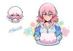  1girl absurdres artist_name birthday_cake black_choker blue_eyes blue_jacket blush breasts buttons cake choker closed_mouth cropped_torso dress_shirt earrings english_commentary food highres honkai:_star_rail honkai:_star_rail_sticker_redraw_(meme) honkai_(series) jacket jewelry long_sleeves march_7th_(honkai:_star_rail) medium_breasts medium_hair meme pink_eyes pink_hair shirt shizocatto single_earring smile solo two-tone_eyes white_background white_shirt 