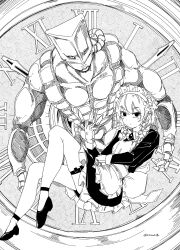  1boy 1girl absurdres analog_clock apron back_bow between_fingers bow braid clock commentary_request crossover dress frilled_dress frills greyscale hair_bow highres holding holding_knife izayoi_sakuya jojo_no_kimyou_na_bouken knife knives_between_fingers long_hair long_sleeves looking_at_viewer ma_(22mabo) maid maid_apron maid_headdress monochrome shoes the_world_(stand) thigh_strap touhou twin_braids 