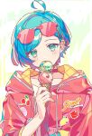  1boy absurdres ahoge aqua_hair border choker covered_mouth double_scoop ensemble_stars! eyewear_on_head food gradient_background green_background green_eyes highres holding holding_food holding_ice_cream hood hood_down hoodie ice_cream ice_cream_cone looking_at_viewer male_focus multicolored_background official_alternate_costume pink-framed_eyewear pink-tinted_eyewear pink_hoodie pink_shirt piropi117 red_choker shinkai_kanata shirt solo summer_snow_(ensemble_stars!) sunglasses tinted_eyewear white_border yellow_background 