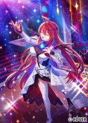  1girl ahoge arm_up asymmetrical_sidelocks black_gloves black_skirt blue_fire blue_hair breasts closed_eyes colored_inner_hair commentary_request concert double-parted_bangs dress elizabeth_rose_bloodflame elizabeth_rose_bloodflame_(1st_costume) fire fire_on_chest gloves hair_between_eyes halter_dress halterneck hand_up hololive hololive_english huge_ahoge jacket large_breasts long_hair looking_at_viewer multicolored_hair official_art open_mouth pencil_skirt red_hair sidelocks single_glove single_hair_intake single_thighhigh skirt skirt_under_dress solo standing teeth thigh-highs toh. upper_teeth_only very_long_hair virtual_youtuber white_dress white_jacket white_thighhighs 