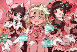  3girls aria_(zenless_zone_zero) arm_guards arm_warmers backpack bag belt black_hair black_sclera black_skirt black_thighhighs blunt_bangs blush bow breasts cellphone choker clothing_cutout collared_shirt colored_inner_hair colored_sclera commentary_request cropped_shirt cross-laced_clothes detached_sleeves dress earrings frills green_eyes green_hair hair_bow hair_ornament hairclip halo headpiece headset highres jewelry katsu_(katsupainter) leg_warmers long_hair medium_hair miniskirt multicolored_hair multiple_girls musical_note_earrings nangong_yu navel navel_cutout necktie open_mouth phone pink_hair pink_thighhighs quad_tails red_eyes robot_girl shirt short_dress short_sleeves side_ponytail single_thighhigh skirt sleeveless sleeveless_shirt small_breasts smile sparkling_eyes striped_arm_warmers striped_leg_warmers sunna_(zenless_zone_zero) thigh-highs thighs twintails white_dress white_shirt winged_bag wings zenless_zone_zero 