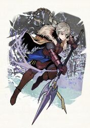  1girl artist_name boots border braid braided_ponytail brown_boots brown_capelet capelet closed_mouth commentary fur-trimmed_capelet fur_trim gauntlets grey_hair herheim highres holding holding_polearm holding_weapon long_hair looking_ahead low-tied_long_hair octopath_traveler octopath_traveler_ii outside_border polearm rai_mei_(octopath_traveler) red_eyes signature snow solo spear v-shaped_eyebrows weapon white_border winter 