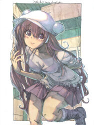  1girl arm_behind_back belt_boots boots border bra brown_eyes brown_hair ceiling commentary_request dated eyeshadow fingernails frilled_shirt frills fur_hat happy hat highres indoors kneehighs leaning_forward light_blush long_fingernails long_hair looking_to_the_side makeup marker_(medium) meiz miniskirt original outline painting_(medium) red_eyeshadow see-through_clothes see-through_shirt shikishi shirt short_sleeves signature skirt sneaking socks solo standing standing_on_one_leg swept_bangs thick_thighs thighs traditional_media underwear vent_(object) very_long_hair watercolor_(medium) white_border white_hat white_outline white_shirt 