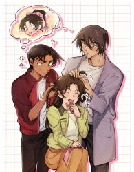  1girl 2boys ? brown_hair brown_pants closed_eyes cowboy_shot forked_eyebrows frown fukushiro_hijiri furrowed_brow green_jacket grey_jacket grid_background hair_between_eyes hair_ribbon hair_tie_in_mouth hand_to_own_mouth hands_in_another's_hair hattori_heiji highres jacket laughing long_hair long_skirt meitantei_conan mouth_hold multiple_boys open_mouth orange_skirt pants parted_bangs pink_ribbon red_jacket ribbon sayaendou0426 shared_thought_bubble shirt short_hair sitting skirt smile speech_bubble sweatdrop tan thought_bubble tooyama_kazuha white_shirt 