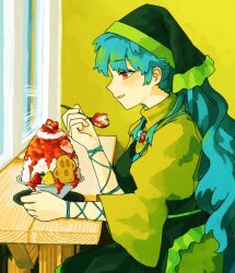  1girl apron blue_hair commentary_request dress eating feet_out_of_frame food from_side fruit green_apron green_hat half-closed_eyes haniwa_(statue) haniyasushin_keiki hat holding holding_spoon ice_cream indoors jewelry long_hair magatama magatama_necklace necklace parted_lips pineapple puffy_short_sleeves puffy_sleeves red_eyes short_sleeves sitting smile solo spoon strawberry sundae table touhou wasabisuke yellow_background yellow_dress 
