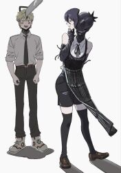  1boy 1girl apron black_necktie black_pants black_shorts black_thighhighs bomb_devil_(chainsaw_man) chainsaw_man character_mask denji_(chainsaw_man) egyuuu full_body highres mask necktie pants reze_(chainsaw_man) shirt shorts simple_background standing thigh-highs white_background white_shirt 