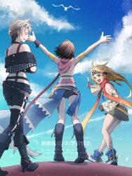  3girls akzk_kh arms_up bird blonde_hair blue_sky boots brown_hair final_fantasy final_fantasy_x final_fantasy_x-2 fingerless_gloves gloves grey_hair highres miniskirt multiple_girls orange_scarf outstretched_arms paine_(ff10) pointing rikku_(ff10) scarf short_shorts shorts showgirl_skirt skirt sky yuna_(ff10) 