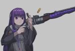  1girl absurdres aiming bolt_action fern_(sousou_no_frieren) gun hair_ornament heromedley highres holding holding_gun holding_weapon hood hooded_coat long_sleeves purple_hair rifle shell_casing simple_background sniper_rifle solo sousou_no_frieren violet_eyes weapon 