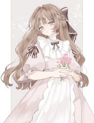  1girl arm_bow bow brown_hair commentary dress flower frilled_cloak frilled_necktie highres light_blush light_smile original pink_dress pink_eyes pink_flower pink_nails pink_rose rose simple_background yuni_0205 