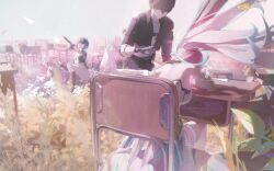  1boy 2girls absurdres aemeath_(wuthering_waves) aemeath_(young)_(wuthering_waves) bare_shoulders black_gloves black_hair black_jacket breasts commentary desk dress female_rover_(perpetual_spark)_(wuthering_waves) female_rover_(wuthering_waves) gloves highres jacket long_hair looking_at_another male_rover_(wuthering_waves) medium_breasts megu_(jim48834420) multiple_girls paper_airplane pink_hair ponytail reaching reaching_towards_another rover_(wuthering_waves) school_desk sitting time_paradox white_dress wind wuthering_waves 