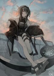  1girl against_railing ahoge arknights black_eyes black_hair black_jacket black_sandals evening full_body fur-trimmed_jacket fur-trimmed_sleeves fur_trim hair_intakes hair_ornament hairclip hemorina highres jacket la_pluma_(arknights) long_sleeves off_shoulder open_clothes open_jacket outdoors qr_code railing sandals scythe short_hair sky smile solo sunset toes watermark 