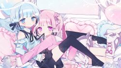  2girls absurdres bare_shoulders black_bow black_ribbon black_thighhighs blue_eyes blue_hair blue_shirt blunt_bangs blush bow closed_mouth commentary commission frilled_sleeves frills full_body hair_bow highres legs_up long_hair long_sleeves looking_at_viewer lying miniskirt multiple_girls neck_ribbon no_shoes on_bed on_stomach open_mouth original pillow pink_eyes pink_hair pink_shirt ribbon satou_uyu shirt sitting skirt sleeves_past_wrists socks thigh-highs white_skirt white_socks window 