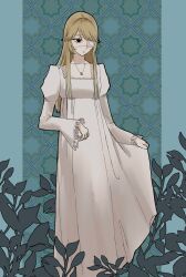  1girl art_nouveau black_eyes blonde_hair dress eyepatch feet_out_of_frame frilled_sleeves frills genderswap genderswap_(mtf) griffin_stewart highres jewelry juliet_sleeves long_dress long_hair long_sleeves necklace oshi_no_taisetsuna_hito_ni_narikawaru puffy_sleeves skirt_hold solo square_neckline straight_hair sukiyakidane swept_bangs very_long_hair white_dress 