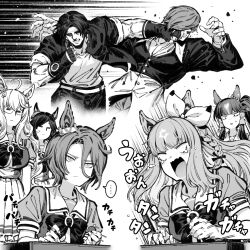  2boys 5girls =_= almond_eye_(umamusume) arcade_stick bacius biwa_hayahide_(umamusume) bnw_(umamusume) bow bowtie braid closed_mouth commentary_request controller ear_covers ear_ornament game_controller greyscale hair_between_eyes highres horseshoe_ornament joystick kusanagi_kyou long_hair long_hair_between_eyes long_sleeves lucky_lilac_(umamusume) monochrome multiple_boys multiple_girls narita_taishin_(umamusume) open_mouth puffy_short_sleeves puffy_sleeves sailor_collar sailor_shirt school_uniform shirt short_hair short_sleeves side_braid side_ponytail single_braid sound_effects the_king_of_fighters tracen_school_uniform umamusume v-shaped_eyebrows winning_ticket_(umamusume) yagami_iori 