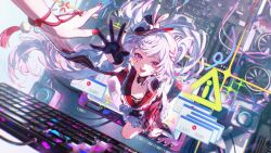  2girls absurdres anger_vein black_gloves black_hat capelet computer_keyboard dress dual_persona error_message female_pov gloves hashtag-only_commentary hat highres honkai:_star_rail honkai_(series) long_hair meirong mini_hat mini_top_hat multiple_girls pov pov_hands reaching reaching_towards_viewer sparkle_(honkai:_star_rail) sparxie_(honkai:_star_rail) top_hat twintails very_long_hair violet_eyes white_capelet white_dress white_hair 