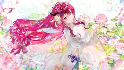  1girl absurdres ao_dai blue_eyes breasts commentary commission crystal_wings detached_wings double-parted_bangs double_halo dress earrings english_commentary floating_hair flower hair_between_eyes hair_flower hair_ornament halo hands_up heterochromia highres hololive hololive_english horns irys_(hololive) jewelry large_breasts long_hair long_sleeves looking_at_viewer lotus low-tied_long_hair pants parted_lips pointy_ears purple_hair second-party_source sidelocks smile solo sowon standing star-shaped_pupils star_(symbol) star_halo symbol-shaped_pupils very_long_hair violet_eyes virtual_youtuber white_dress white_pants wings 