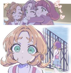  +++ 4girls absurdres ahoge akechi_anna arms_around_neck beret blue_skirt bob_cut brown_hair closed_eyes closed_mouth commentary day double_bun dress empty_eyes gate green_eyes grin hair_bun hair_intakes hairband hamuhamufa hat heart highres holding holding_umbrella hug hug_from_behind juliet_sleeves kobayashi_mikuru long_sleeves low_twintails makoto_mirai_academy_middle_school_uniform meitantei_precure! miniskirt multiple_girls one_eye_closed open_mouth outdoors parted_lips pink_dress pink_shirt ponytail precure puffy_sleeves purple_hair purple_hat red_hair sailor_collar scene_reference school_uniform shirt skirt smile sound_effects sound_effects_only thigh-highs translated twintails umbrella white_sailor_collar white_thighhighs yellow_hairband 