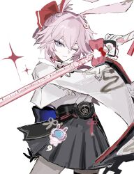  1girl animal_ears back_bow belt black_belt black_gloves blue_bow bow cb8e24 charm_(object) closed_mouth commentary_request cowboy_shot evanescia_(honkai:_star_rail) fingerless_gloves flower fox_ears fox_girl gloves grey_skirt hair_between_eyes hair_bow hair_bun hair_flower hair_ornament hair_ribbon hands_up highres holding holding_sword holding_weapon honkai:_star_rail honkai_(series) jacket long_sleeves looking_at_viewer one_eye_closed pink_bow pink_flower pink_hair pink_ribbon pleated_skirt pom_pom_(clothes) red_bow ribbon short_hair sidelocks simple_background skirt smile solo sparkle standing sword thigh_strap violet_eyes weapon white_background white_jacket wide_sleeves 