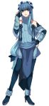 1boy archived_source blue_hair bridal_gauntlets covered_collarbone full_body glaceon grey_eyes hand_up high_heels katagiri_hachigou legs_apart light_blue_hair long_hair low-tied_long_hair male_focus personification pokemon simple_background solo standing very_long_hair white_background 