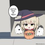  1girl alternate_costume arknights blonde_hair candy chibi drone food hair_ornament hat highres holding looking_at_viewer marin_liekuriva_(mmliku) medium_hair open_mouth scene_(arknights) shadow smile trick-or-treating trick_or_treat twitter_username witch_hat 