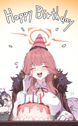  1boy 4girls absurdres aru_(blue_archive) birthday birthday_cake black_hair black_hoodie blue_archive blush breasts brown_coat cake candle chibi closed_eyes coat coat_on_shoulders doodle_sensei_(blue_archive) dress_shirt flying_sweatdrops food fur-trimmed_coat fur_trim gloves halo hand_up happy_birthday haruka_(blue_archive) hat highres holding holding_party_popper hood hoodie kayoko_(blue_archive) large_breasts long_hair multicolored_hair multiple_girls mutsuki_(blue_archive) neck_ribbon open_mouth orange_halo parack party_hat party_popper problem_solver_68_(blue_archive) purple_hair purple_halo red_hair red_halo red_ribbon ribbon sensei_(blue_archive) shirt small_sweatdrop smile table two-tone_hair white_gloves white_hair white_shirt 