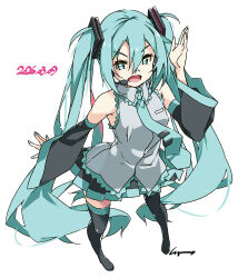  1girl :d aqua_eyes aqua_hair aqua_nails aqua_necktie arm_at_side arm_up armpit_peek bare_shoulders black_skirt black_sleeves boots breasts collared_shirt commentary_request dated detached_sleeves full_body grey_shirt hair_between_eyes hair_ornament hatsune_miku headset highres long_hair long_sleeves looking_at_viewer miniskirt nail_polish necktie open_mouth pleated_skirt shikei shirt signature simple_background skirt sleeveless sleeveless_shirt small_breasts smile solo standing thigh-highs thigh_boots twintails very_long_hair vocaloid white_background zettai_ryouiki 