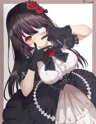  1girl absurdres artist_name black_dress black_gloves black_hair blouse blush breasts corset date_a_live dress eyepatch finger_frame flower frilled_dress frilled_gloves frills gloves gothic_lolita hair_flower hair_ornament highres large_breasts light_smile lolita_fashion long_hair medical_eyepatch one_eye_covered red_eyes ribbon rose shirt simple_background solo tokisaki_kurumi two-tone_background two-tone_dress white_background white_shirt 