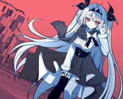  1girl absurdres adapted_costume adjusting_hair bow breasts chunzhenzhiren_innocent colored_skin commentary_request cropped_jacket frilled_shirt_collar frilled_wrist_cuffs frills fur_trim grey_scarf hair_bow hair_intakes hairband high-waist_skirt highres leaning_forward lilith_(the_noexistencen_of_you_and_me) long_hair medium_breasts official_artist_extra red_eyes scarf skirt sleeveless smile solo the_noexistencen_of_you_and_me thigh-highs two_side_up very_long_hair white_hair white_skin wrist_cuffs 