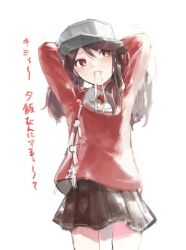  1girl adjusting_hair arms_behind_head arms_up brown_eyes brown_hair brown_skirt closed_mouth collared_shirt commentary_request grey_hat hat japanese_clothes kantai_collection kariginu long_hair long_sleeves magatama mouth_hold ribbon ribbon_in_mouth ryuujou_(kancolle) shinpu_(oresinpu) shirt simple_background skirt solo translation_request tying_hair visor_cap white_background white_ribbon white_shirt 