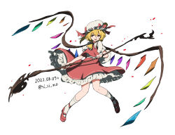  1girl ascot blonde_hair collared_shirt crystal crystal_wings dated flandre_scarlet frilled_skirt frills full_body hat highres holding holding_weapon mary_janes mob_cap multicolored_wings open_mouth red_eyes red_shoes red_skirt red_vest shirt shishi_osamu shoes skirt skirt_set smile socks solo touhou twitter_username vest weapon white_hat white_shirt white_socks wings yellow_ascot 