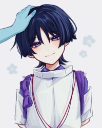  1boy 316_yogurt arms_behind_back black_hair blunt_ends bow closed_mouth clothing_cutout commentary_request eyeliner flower genshin_impact head_tilt headpat highres japanese_clothes kariginu kimono layered_sleeves light_blush looking_at_viewer makeup male_focus portrait pov pov_hands purple_bow purple_kimono purple_sleeves red_eyeliner scaramouche_(genshin_impact) scaramouche_(kabukimono)_(genshin_impact) shoulder_cutout smile solo straight-on string tasuki tsurime violet_eyes white_background white_sleeves wispy_bangs 