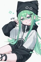  1girl :o absurdres animal_hat arm_between_legs beanie black_hat black_jacket black_shorts cat_hat claw_pose commentary_request green_eyes green_hair hair_between_eyes hair_flaps hat hat_ornament highres jacket light_blush long_hair long_sleeves looking_at_viewer multicolored_jacket namin_(namin_star) nanase_(namin) original parted_lips short_shorts shorts sidelocks simple_background sitting sleeves_past_wrists solo star-shaped_pupils star_(symbol) star_hat_ornament symbol-shaped_pupils two-tone_jacket very_long_hair white_background white_jacket 
