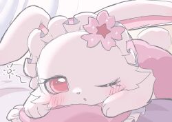  1girl ;o absurdres animal_ears blush chibikemo flower frilled_pillow frills furry furry_female highres looking_at_viewer lying maid_headdress mirun_migyu on_stomach one_eye_closed open_mouth original pillow pink_flower rabbit_ears rabbit_girl rabbit_tail red_eyes solo squeans tail white_fur 
