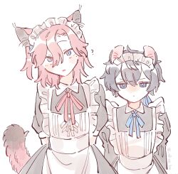  2boys :p ? angry apron arms_at_sides arms_behind_back black_dress black_hair bright_pupils cat_boy commentary_request crossdressing crossdressing_(mtf) dress gradient_tail head_tilt highres hyoutenka_30-do_no_zetsubou juliet_sleeves kemonomimi_mode kuchinashi_dabi long_sleeves looking_at_viewer maid male_maid medium_hair mouse_boy multiple_boys neck_ribbon one_side_up pastel_colors puffy_short_sleeves puffy_sleeves red_hair ribbon short_hair short_sleeves simple_background sr_en_km tongue tongue_out tonimura_yui v-shaped_eyebrows white_apron white_background 