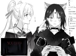  2girls animal_ear_fluff animal_ears averting_eyes blush cho_kaguya-hime! choker closed_mouth collarbone colored_inner_hair commentary controller criss-cross_halter dualsense failure forehead_jewel fox_ears fox_girl frown game_controller genkounikki01 greyscale hair_ornament hair_rings hair_stick halterneck highres holding holding_controller holding_game_controller hood hood_down japanese_clothes kimono livestream long_hair looking_to_the_side medium_hair monochrome multicolored_hair multiple_girls nervous_sweating off_shoulder open_mouth playing_games playing_video_games playstation_controller runami_yachiyo sakayori_iroha smile spoken_star star_(symbol) sweat translation_request twintails upper_body you_died yuri 