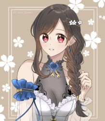  1girl armband bare_shoulders black_hair blue_armband blue_flower blue_rose braid breasts brown_hair collarbone commentary_request earrings final_fantasy final_fantasy_vii final_fantasy_vii:_ever_crisis floral_background flower frilled_armband frills hair_flower hair_ornament highres jewelry long_hair looking_at_viewer medium_breasts official_alternate_costume official_alternate_hairstyle parted_lips red_eyes rin04_games rose see-through_cleavage see-through_clothes see-through_sleeves single_braid single_sidelock solo tifa_lockhart tifa_lockhart_(festive_style) upper_body white_flower 