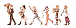  3boys 3girls arm_up back_bow bare_shoulders bike_shorts black_boots black_gloves black_hair black_jacket black_overalls black_pants black_shorts blonde_hair boots bow bowtie breasts brown_hair cat_tail closed_eyes commentary_request cropped_vest detached_sleeves final_fantasy final_fantasy_ix final_fantasy_viii final_fantasy_x flute french_horn full_body fur-trimmed_jacket fur_trim garnet_til_alexandros_xvii gloves green_vest grey_pants grey_wrist_cuffs highres holding holding_flute holding_instrument instrument jacket japanese_clothes juliet_sleeves long_hair long_skirt long_sleeves low_ponytail medium_breasts medium_hair multiple_boys multiple_girls music nontraditional_miko obi okashisushi orange_bow orange_bowtie overalls pants parted_bangs playing_instrument ponytail puffy_sleeves purple_skirt red_boots red_gloves rinoa_heartilly sash saxophone shirt short_hair shorts skirt squall_leonhart tail tidus trumbeak tuba vest walking white_background white_shirt white_sleeves wrist_cuffs yellow_boots yuna_(ff10) zidane_tribal 