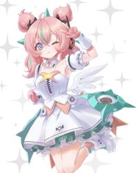  1girl :t absurdres aqua_hair aqua_streaks aria_(zenless_zone_zero) arm_up armpits blue_eyes blush center_frills closed_mouth collarbone commentary_request crossed_bangs detached_collar detached_sleeves dress fingerless_gloves frilled_dress frills gloves hair_between_eyes highres kudukimii leg_up looking_at_viewer multicolored_hair one_eye_closed pink_gloves pink_hair quad_tails shoes solo sparkle_background standing standing_on_one_leg star-shaped_pupils star_(symbol) streaked_hair symbol-shaped_pupils w white_background white_dress white_shoes white_wings wings zenless_zone_zero 