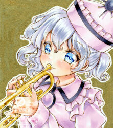  1girl blue_eyes blue_hair blush closed_mouth collared_shirt commentary frilled_shirt_collar frills hat holding holding_instrument holding_trumpet instrument long_sleeves looking_at_viewer merlin_prismriver nekofish666 pink_hat pink_shirt ponytail shirt short_ponytail smile solo touhou traditional_media trumpet watermark 
