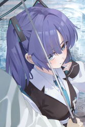  1girl 1other black_halo black_jacket blue_archive blue_necktie blush closed_mouth collared_shirt commentary halo highres jacket kumakono looking_at_viewer necktie pov purple_hair rain shared_umbrella shirt smile two_side_up umbrella violet_eyes white_shirt yuuka_(blue_archive) 