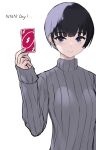  1girl black_hair cait_aron closed_mouth commentary english_commentary grey_sweater hand_up highres holding looking_at_viewer no_nut_november original simple_background solo sweater turtleneck turtleneck_sweater uno_(game) uno_reverse_card upper_body violet_eyes white_background 