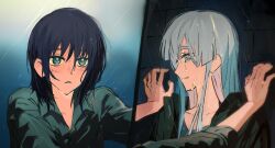  2girls black_hair black_jacket chinese_commentary cho_kaguya-hime! collared_shirt colored_inner_hair commentary_request crying crying_with_eyes_open green_eyes green_shirt hair_down highres jacket kabedon long_hair multicolored_hair multiple_girls open_clothes open_jacket parted_lips pink_hair rain runami_yachiyo sakayori_iroha shirt sleepdeadme straight_hair tears white_hair yuri 