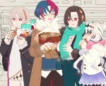  2boys 2girls alear_(fire_emblem) alear_(male)_(fire_emblem) alternate_costume black_hair blue_hair brother_and_sister closed_eyes crossed_bangs d_kenpis feather_hair_ornament feathers fire_emblem fire_emblem_engage food fur_trim hair_ornament highres holding holding_food long_hair long_sleeves looking_at_another multicolored_hair multiple_boys multiple_girls nel_(fire_emblem) open_mouth rafal_(fire_emblem) red_eyes redhead scarf short_hair siblings skirt smile sommie_(fire_emblem) split-color_hair two-tone_hair veyle_(fire_emblem) white_hair 