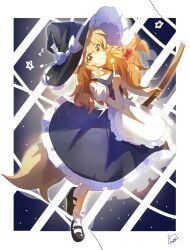  1girl apron arched_back black_hat black_shoes black_skirt black_vest blonde_hair border bow bowtie braid broom buttons commentary_request frilled_apron frilled_skirt frills full_body hair_between_eyes hand_up hat hat_bow highres holding holding_broom index_finger_raised kirisame_marisa long_hair looking_at_viewer mary_janes parted_lips puffy_short_sleeves puffy_sleeves red_bow shi_wuyun_aaa shirt shoes short_sleeves signature single_braid skirt sleeve_cuffs smile socks solo standing star_(symbol) touhou turtleneck turtleneck_shirt vest waist_apron white_apron white_border white_bow white_shirt white_socks witch_hat yellow_eyes 