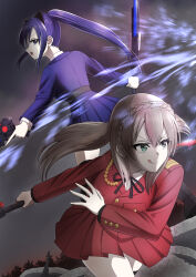  2girls :q absurdres aiguillette animal_ears assault_lily belt black_belt black_ribbon braid breast_pocket brown_hair buttons cat_ears closed_mouth commentary_request cowboy_shot crown_braid dual_wielding energy epaulettes fake_animal_ears green_eyes hair_between_eyes hands_up highres holding holding_weapon ishikawa_aoi jacket leaning_forward long_hair looking_ahead looking_at_another looking_to_the_side matsunaga_yui miniskirt multiple_girls neck_ribbon night open_mouth outdoors outstretched_arm pleated_skirt pocket profile purple_hair purple_jacket purple_skirt red_skirt ribbon school_uniform side_ponytail sideways_glance skirt smile standing tongue tongue_out tree v-shaped_eyebrows violet_eyes weapon yadoo 