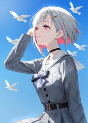  1girl absurdres belt bird birdcage_(love_live!) black_choker blue_sky bob_cut bow bowtie choker colored_inner_hair commentary_request dress enu_illustip grey_dress grey_hair hair_ornament highres link!_like!_love_live! long_sleeves love_live! multicolored_hair o-ring o-ring_choker official_alternate_costume pink_eyes pleated_dress red_hair red_streaks sailor_collar short_hair sky smile solo star_(symbol) star_hair_ornament streaked_hair white_bird white_sailor_collar yugiri_tsuzuri 