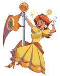  1girl absurdres blue_eyes brown_hair crown dress earrings flag flagpole flower_earrings full_body gloves high_heels highres jewelry medium_hair open_mouth princess_daisy puffy_short_sleeves puffy_sleeves short_sleeves simple_background solo super_mario_bros. supsross teeth upper_teeth_only v white_background white_gloves yellow_dress 